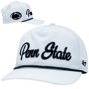 white baseball hat with script Penn State on front, Athletic Logo on right side
